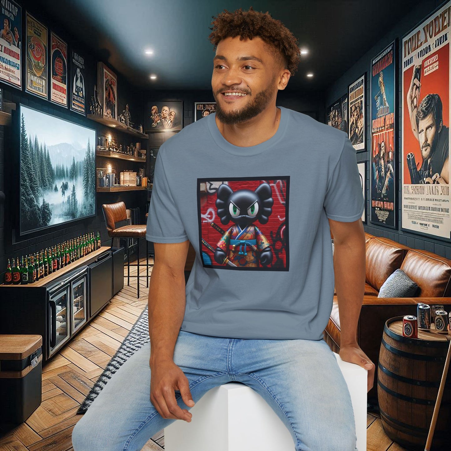 Samurai Cat Softstyle T-Shirt with Urban Graffiti Design