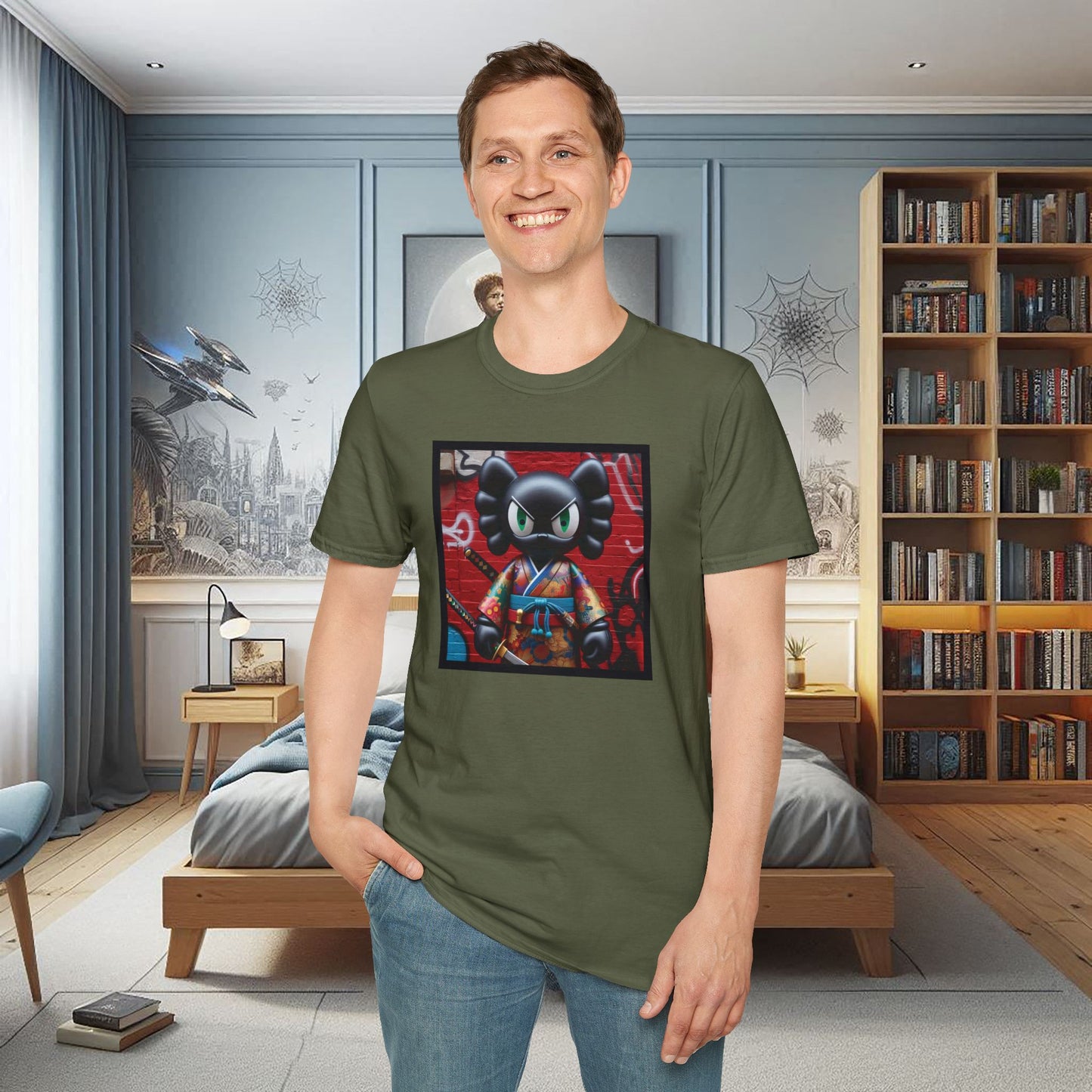 Samurai Cat Softstyle T-Shirt with Urban Graffiti Design