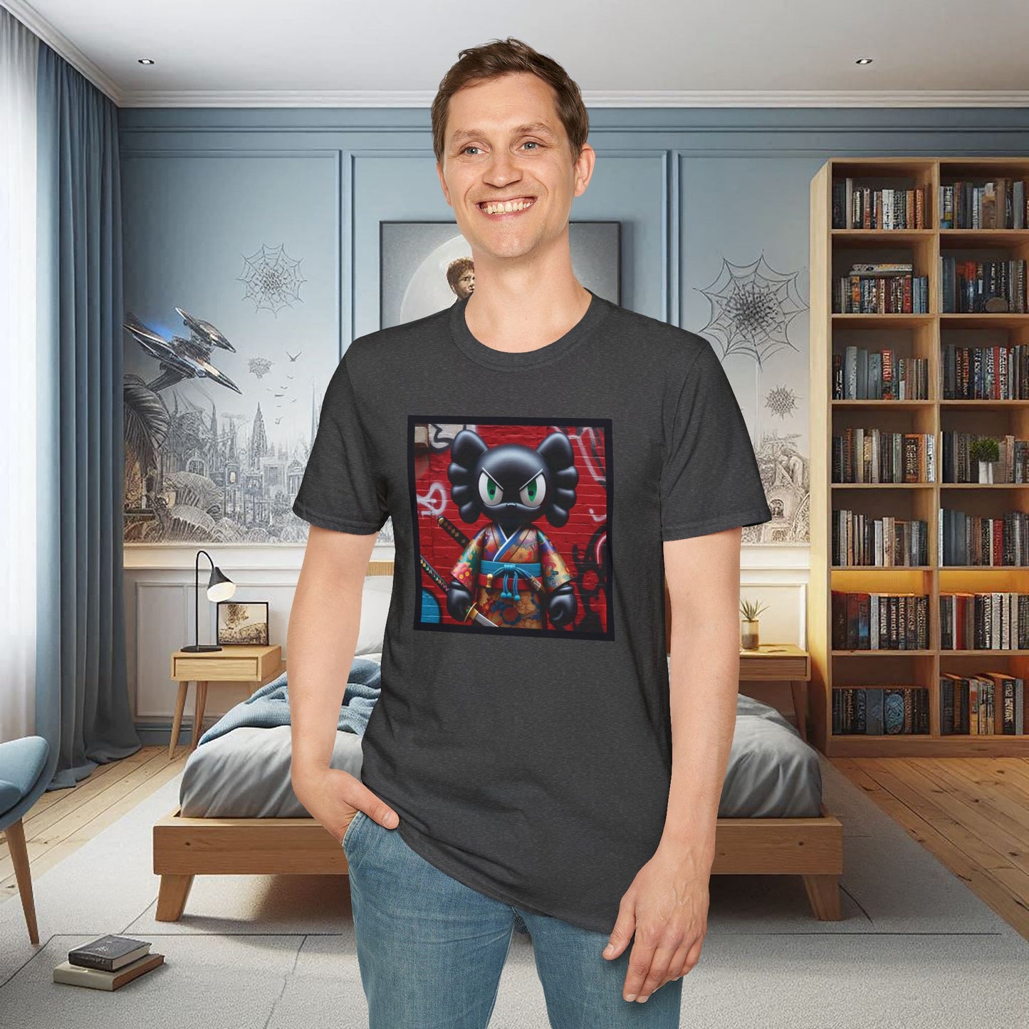 Samurai Cat Softstyle T-Shirt with Urban Graffiti Design