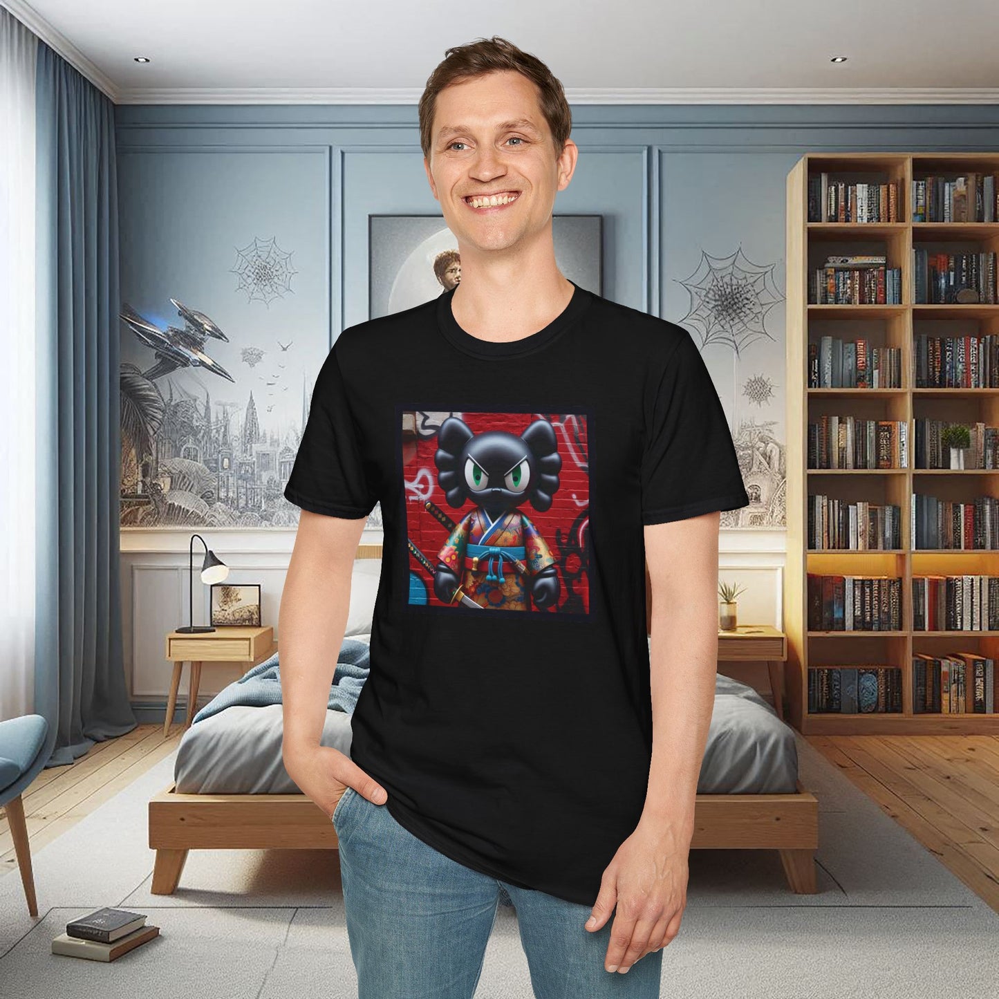 Samurai Cat Softstyle T-Shirt with Urban Graffiti Design