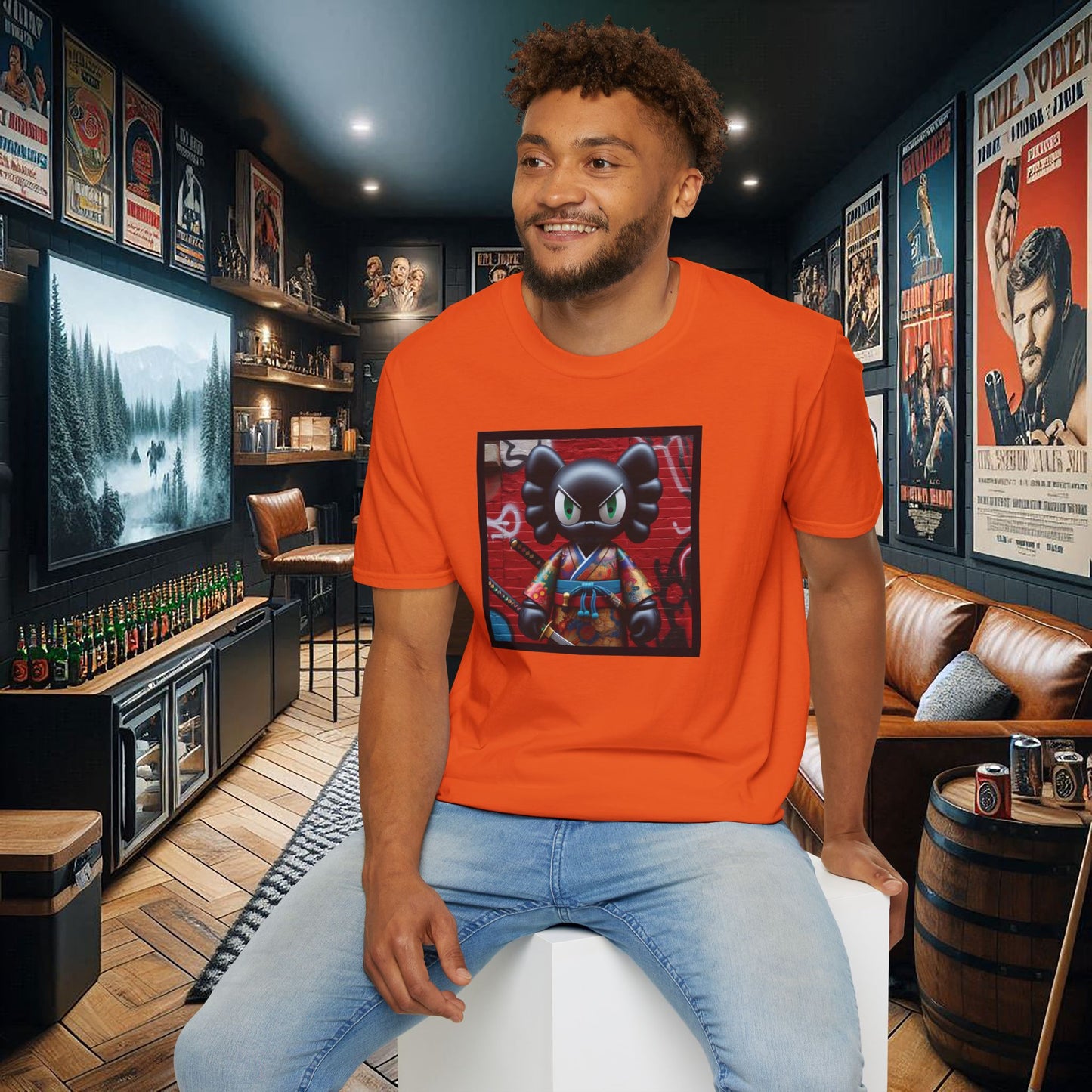 Samurai Cat Softstyle T-Shirt with Urban Graffiti Design