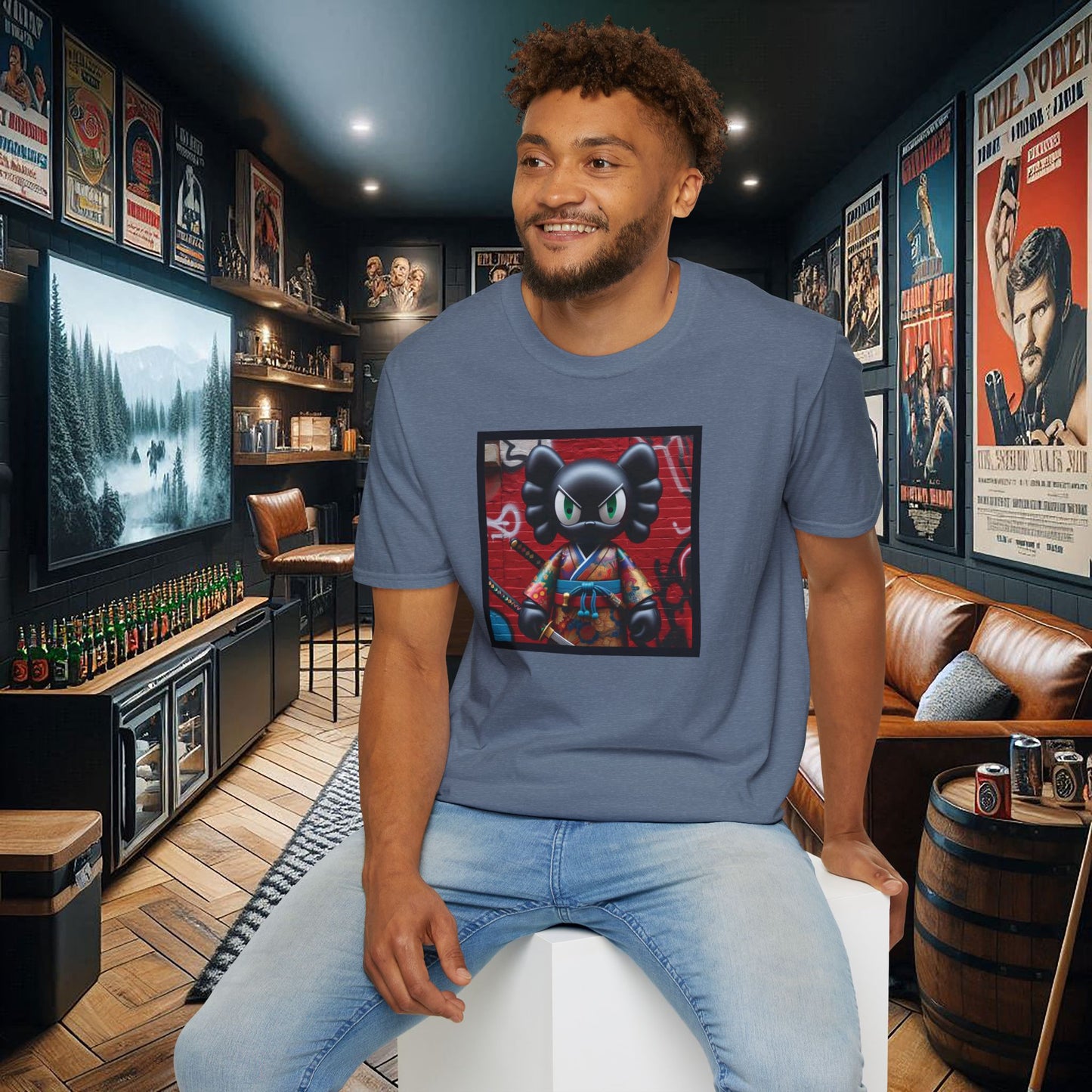 Samurai Cat Softstyle T-Shirt with Urban Graffiti Design