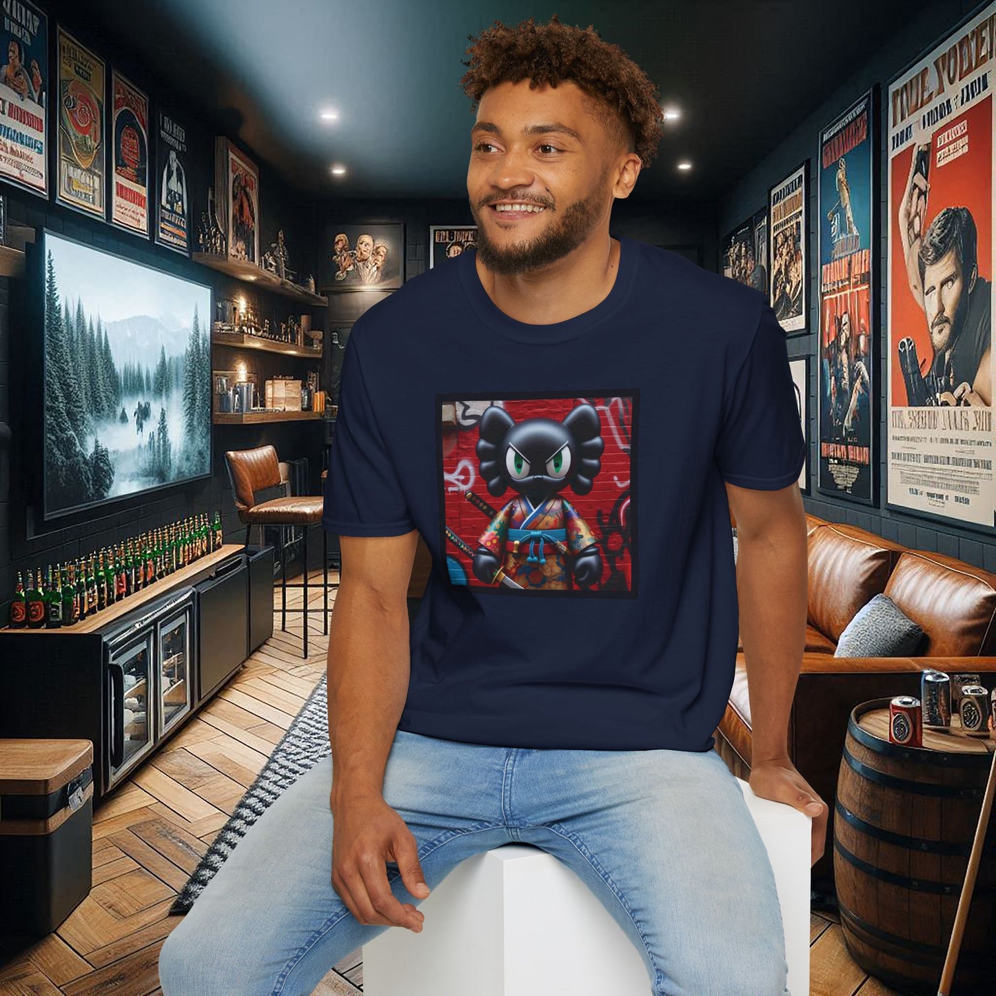 Samurai Cat Softstyle T-Shirt with Urban Graffiti Design