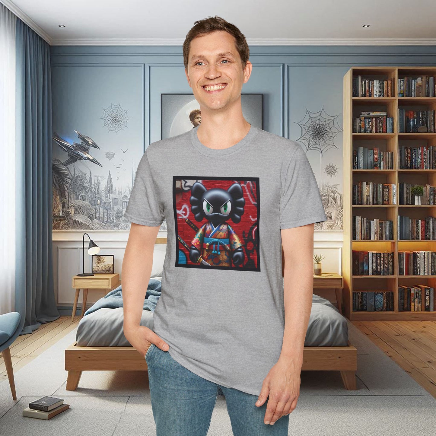 Samurai Cat Softstyle T-Shirt with Urban Graffiti Design