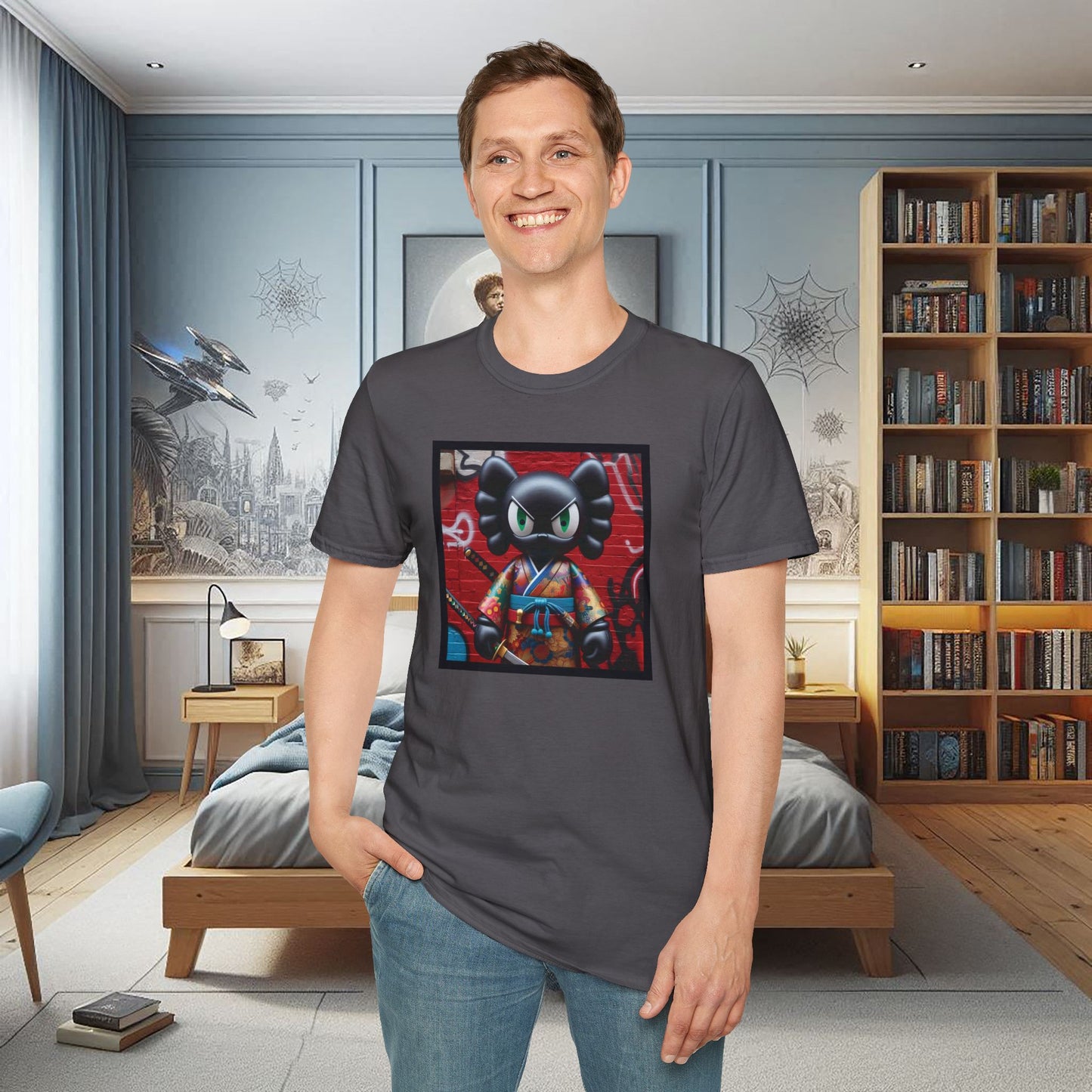 Samurai Cat Softstyle T-Shirt with Urban Graffiti Design