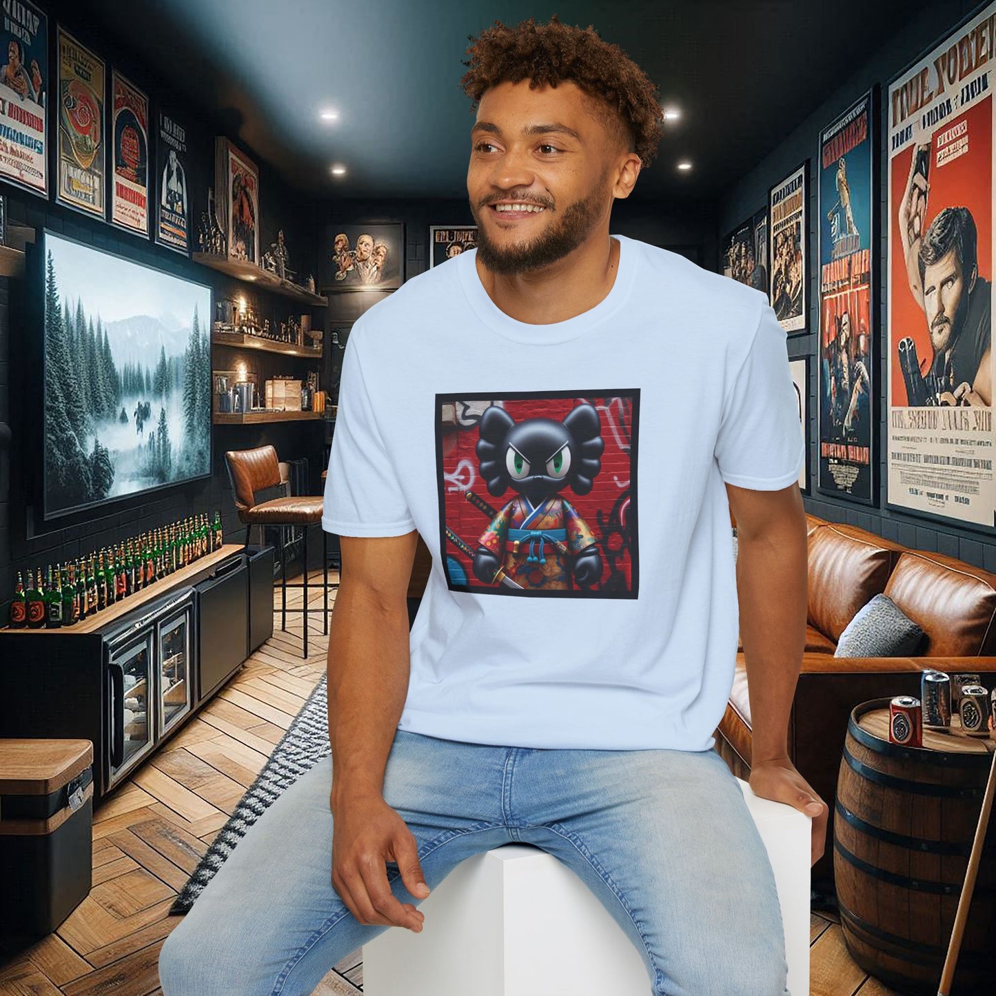 Samurai Cat Softstyle T-Shirt with Urban Graffiti Design