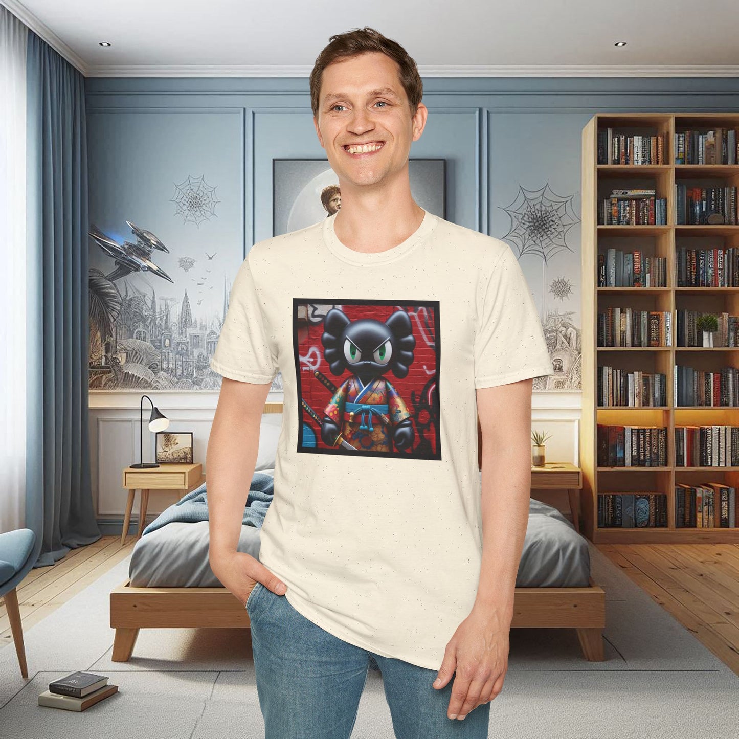 Samurai Cat Softstyle T-Shirt with Urban Graffiti Design