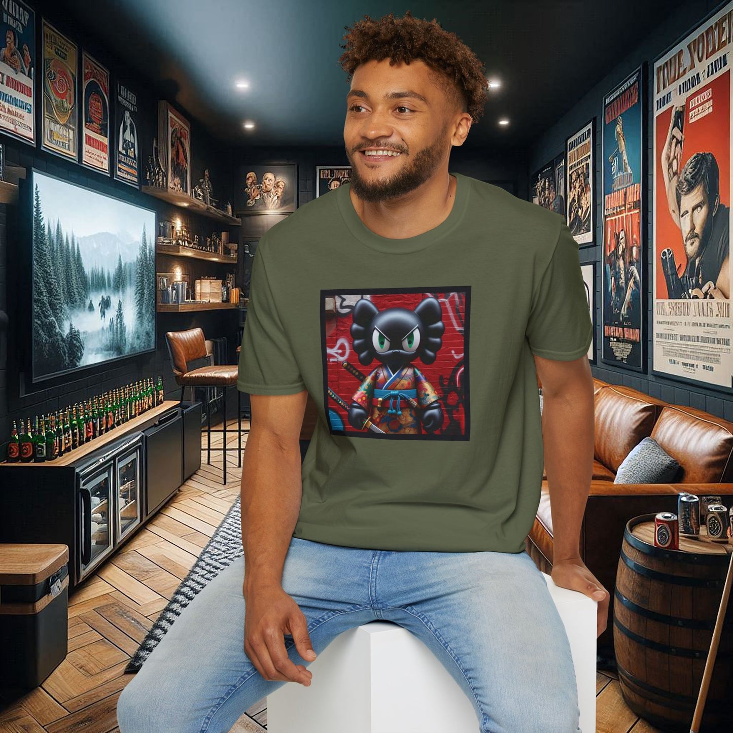 Samurai Cat Softstyle T-Shirt with Urban Graffiti Design