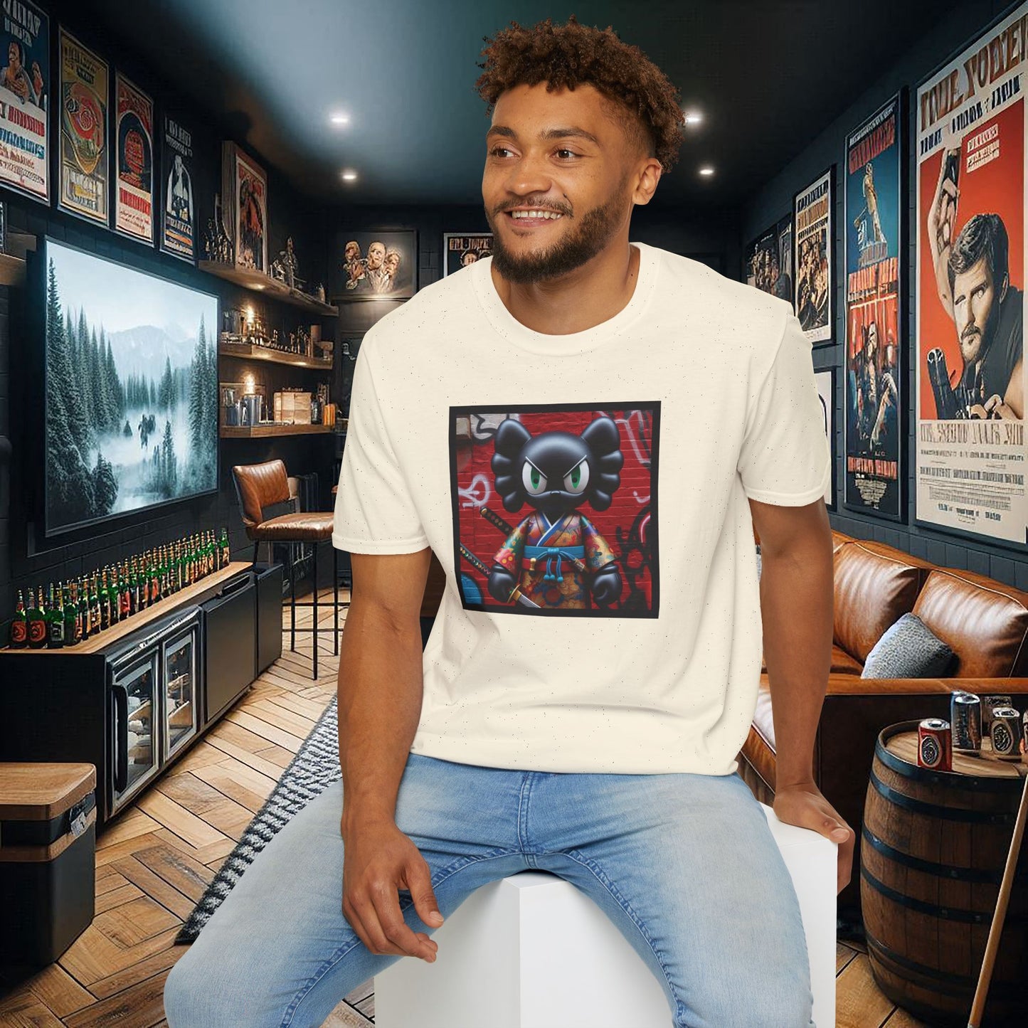 Samurai Cat Softstyle T-Shirt with Urban Graffiti Design